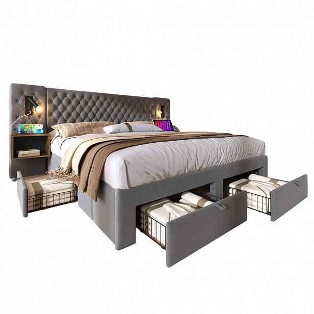 Redom ČALOUNĚNÁ postel 160/200 cm s 2 nočními stolky, 4 zásuvkami, čtecími lampami a USB/Type C nabíjením, Šedá