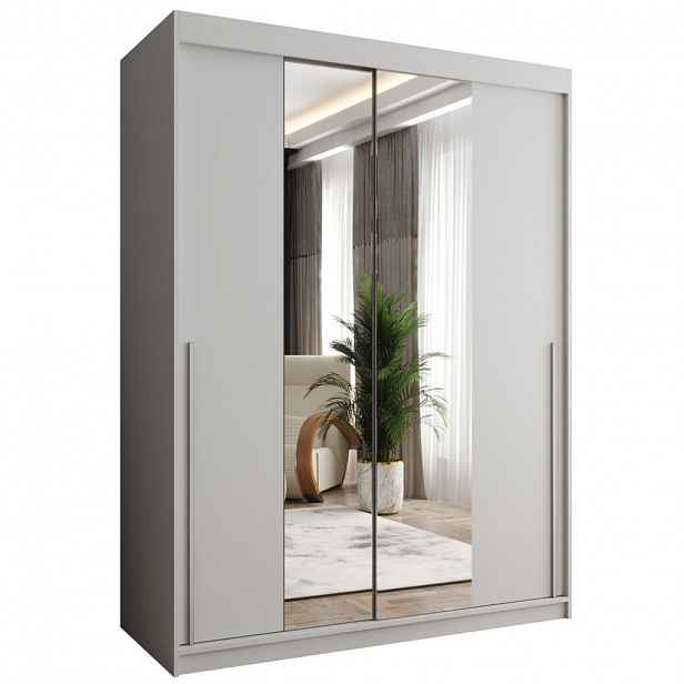 Home Collective SKŘÍŇ S POSUVNÝMI DVEŘMI se zrcadlem, šířka 150 cm, bílá se stříbrným úchytem