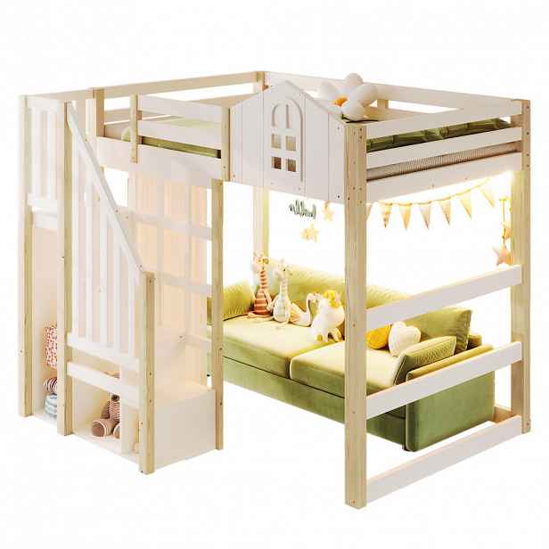 Redom VYSOKÁ postel 140/200 cm s LED osvětlením, úložným žebříkem a bezpečnostními zábranami, Bílá+Přírodní