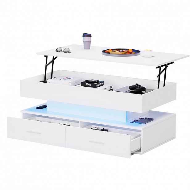 STILVORA KONFERENČNÍ STŮL bílý se zvedací deskou, úložným prostorem a LED, 100×50×44 cm