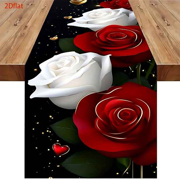 TEMU 2D plochý ubrus s designem srdce a červenými a bílými růžemi, vyrobený z odolného polyesteru. Elegantní zvýrazňuje atmosféru jídelny, chodby a