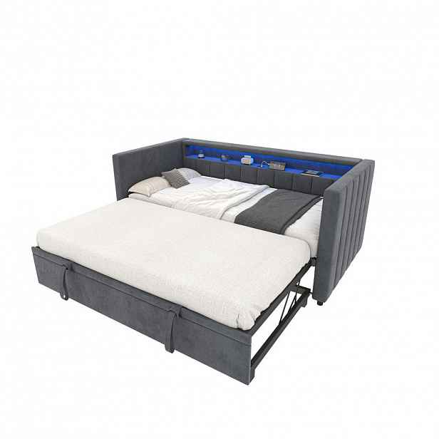 Redom ROZKLÁDACÍ pohovka 90/190 cm s výsuvným lůžkem, LED osvětlením, USB-Type-C a úložným prostorem, Tmavě šedá