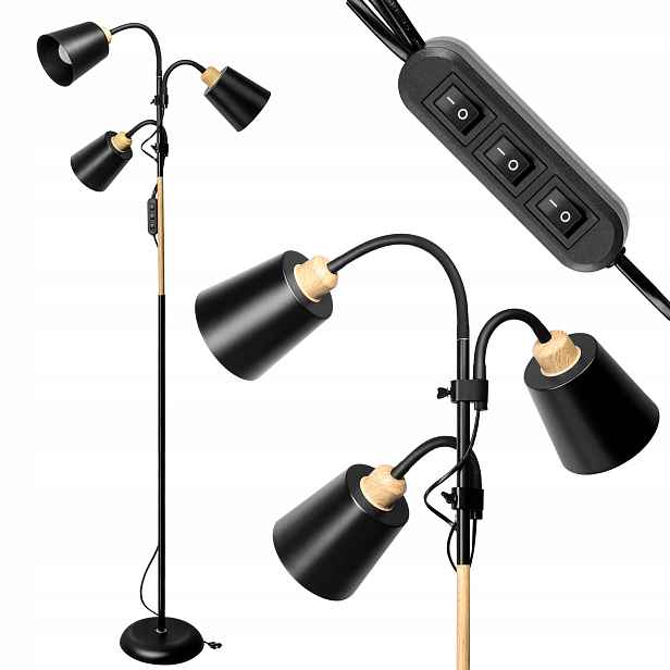Stojací lampa podlahová černá dřevo s trojitým vypínačem 192 cm 3xE27 3x18W