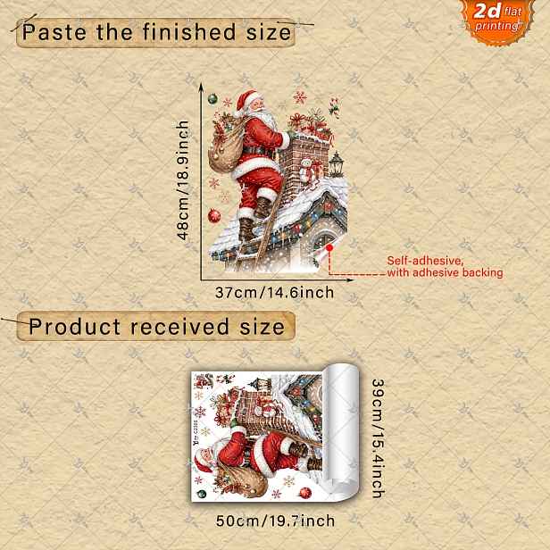 TEMU 2D plochá - 2D plochá - 1 ks 2D plochá tištěná Santa Claus lezoucí po žebříku střechový komín dárek Sněhulák Sněhová vločka 40 X 50 cm okenní