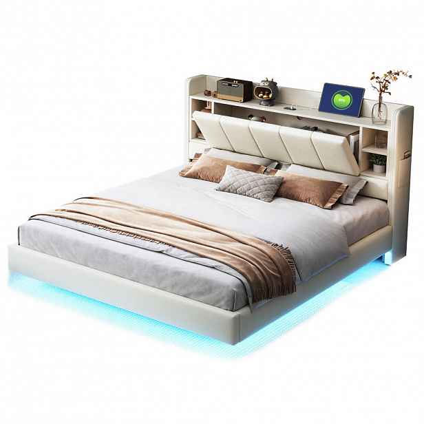 Redom ČALOUNĚNÁ postel 140/200 cm s LED osvětlením, USB portem a úložným čelem, Béžová