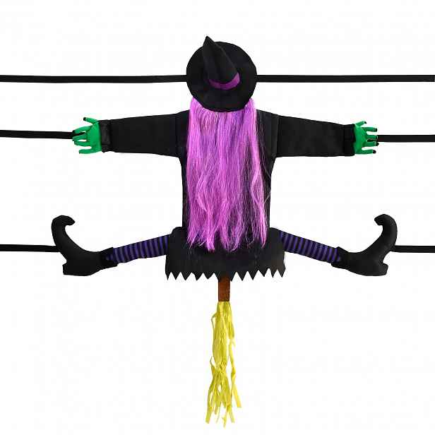 TEMU 1 ks Halloweenská dekorace čarodějnice strašák s černým kloboukem, fialovými vlasy, zelenými rukama a pruhovanými nohama. Velký design 39,4 x