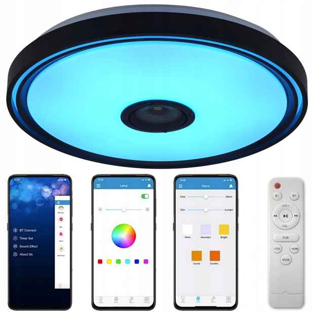 Lampa Stropní Svítidlo Led Černá Rgb 72W Bluetooth Reproduktor Dálkový Ovladač Aplikace Paměť
