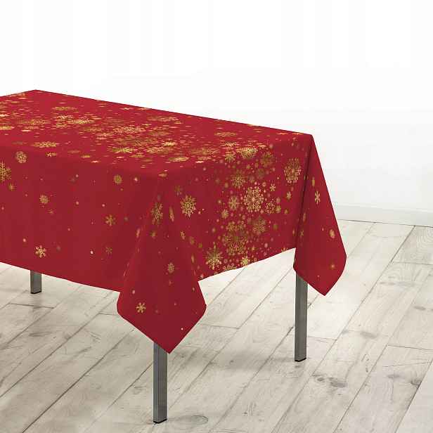 Vánoční Ubrus 150 X 300 CM Červený, Zlaté Sněhové Vločky Na Velký Stůl