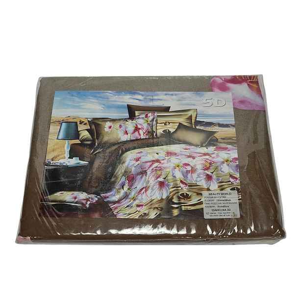 Povlečení Bavlněné 5D 200x220 2x 70x80 Květy Hnědo-zlaté