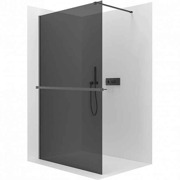 Sprchová zástěna Walk-in Onyx Cube L/P - 8 mm + polička/držák na ručníky - hranatá vzpěra - černá matná, grafitové sklo - 110x200 cm
