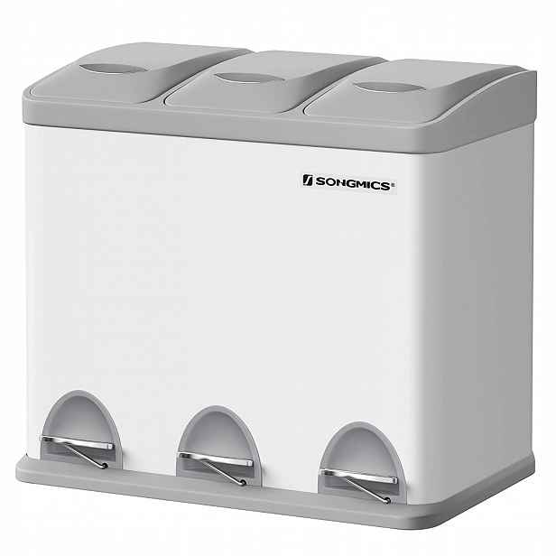 Odpadkový koš Songmics 3x8L pedálový, bílý, šedý, třídění, nádoba, zavírání
