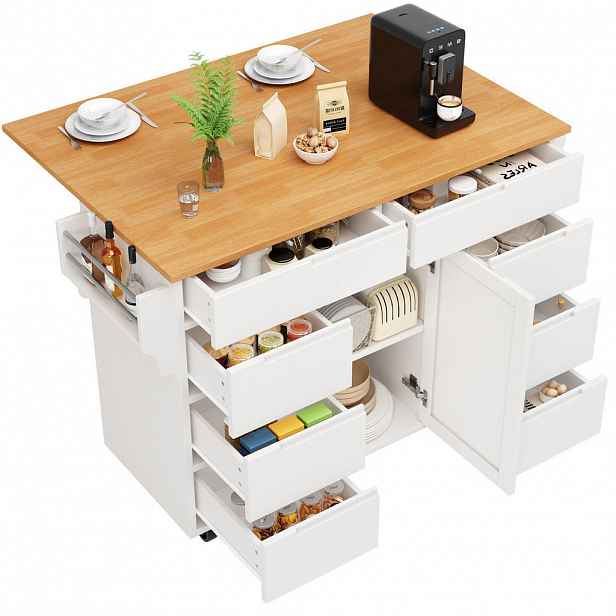 OKWISH KUCHYŇSKÝ ostrůvek 122/74,5/91,5 cm bílý z MDF s výklopnou deskou a 8 zásuvkami