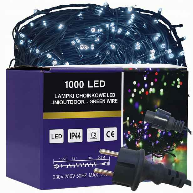 Vánoční osvětlení na stromeček 1000 Led blikající studená bílá venkovní i vnitřní