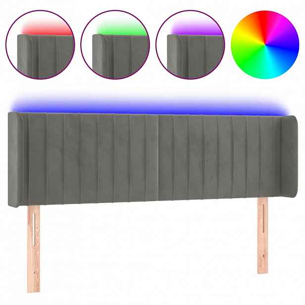 vidaXL Čelo postele s LED světle šedé 147 x 16 x 78/88 cm samet