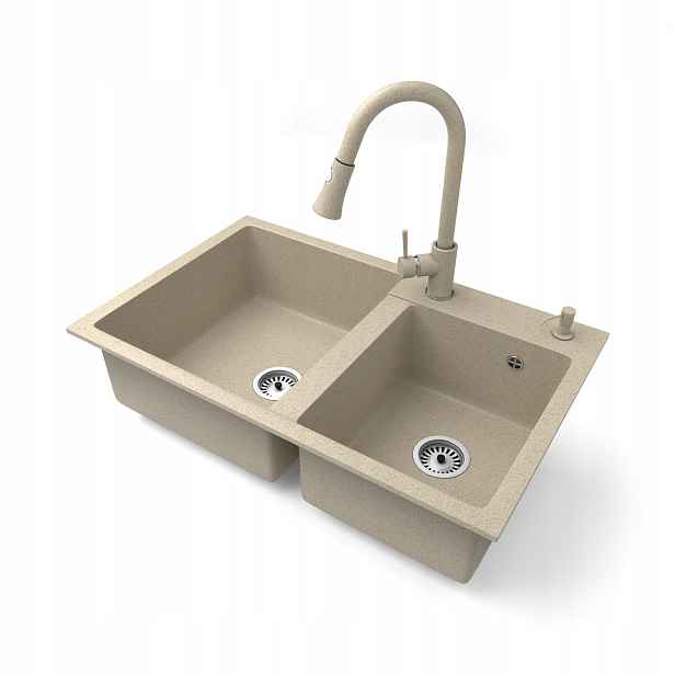 Kuchyňský dřez Granitový dvoukomorový Baterie Dávkovač Sifon Chrom