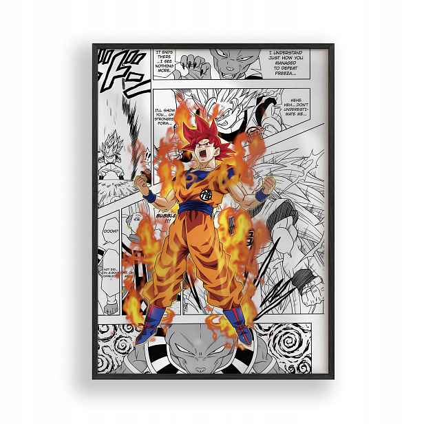 Obraz Dragon Ball Goku God Plakát Rámeček Dřevěný Černý 30x42 cm