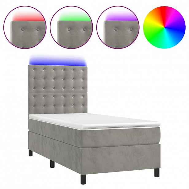 vidaXL Box spring postel s matrací a LED světle šedá 90x200 cm samet