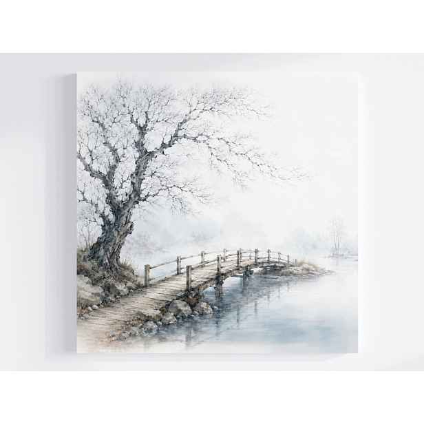 Obraz Na Plátně Canvas Krajina Voda Jezero Ostrůvek Dřevo Most Mlha 50x50