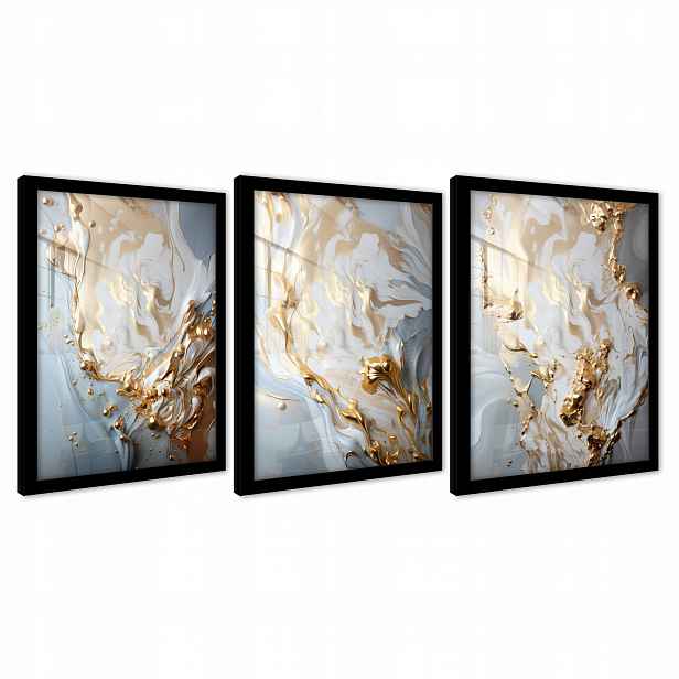 Plakáty Mramor Zlato Šedá Na Zeď Rám Obrazy Triptych 3 Díly 43x99