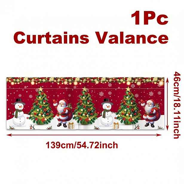 TEMU 1 ks, Lambrequins, Veselé Vánoce Krátké Závěsy, 46*139 cm, Sněhulák Vánoční Stromek Santa Claus Červené Polyesterové Závěsy Lambrequin, Vánoční