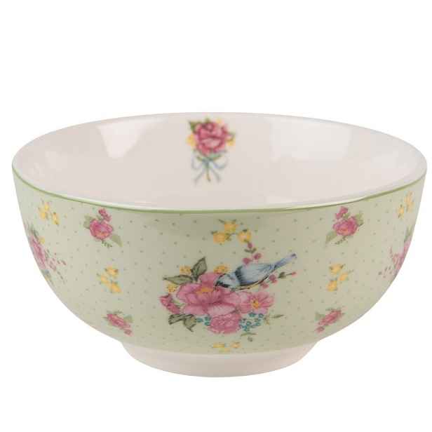 Zelená porcelánová miska s květy a ptáčkem Cheerful Birdie - Ø 14*7 cm/ 500ml Clayre & Eef
