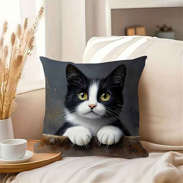TEMU 1 ks Bohémský polštářový povlak s černobílým kočky Tuxedo - Design zelenookého tygříka, zipové uzavírání, oboustranný potisk, měkký polyesterový