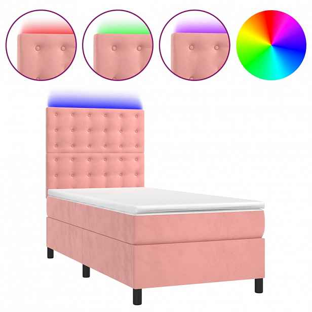vidaXL Box spring postel s matrací a LED růžová 90x200 cm samet