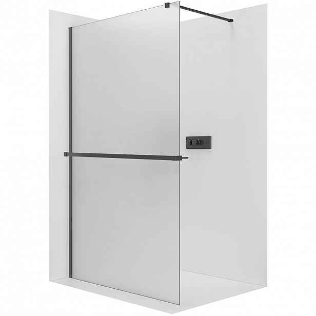 Sprchová zástěna Walk-in Onyx Cube L/P - 8 mm + polička/držák na ručníky - hranatá vzpěra - černá matná, mléčné sklo - 160x200 cm