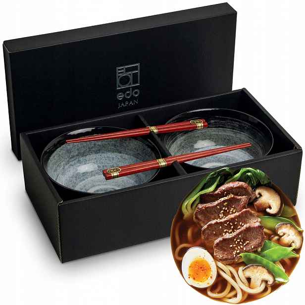 Sada tmavě šedých keramických misek 17 cm na polévku Udon s hůlkami Kuro