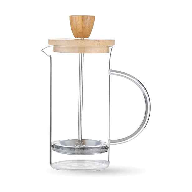 Skleněný french press 600 ml s dřevěným víkem a ocelovým filtrem, káva