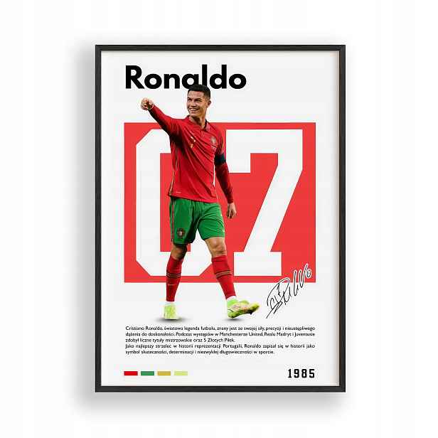 Plakát Cristiano Ronaldo Portugalsko Obraz Rámeček Dřevěný Černý 30x40 cm