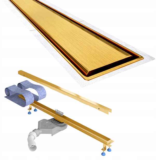 Lineární odtok 80 cm zlatý kartáčovaný nízký Slim sifon Viega kompletní sada
