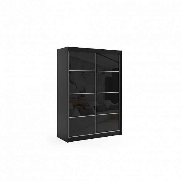 ALTDECOR ŠATNÍ SKŘÍŇ s posuvnými dveřmi Lacobel a hliníkovými lamelami – VIVONA – 150 cm, černá