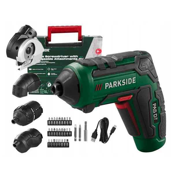 Parkside Pas D7 Šroubovák 4 nástavce Řezací úhlová 28 bitů Kufr, Usb-c