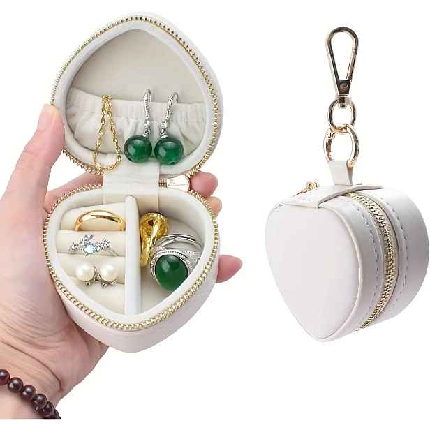 TEMU BOOVO 1ks Mini Šperkovnice, Srdcovitá Krabička na Šperky s Přívěskem na Klíče, Design se Zapínáním na Zip, Přenosná Šperkovnice, Šperkovnice