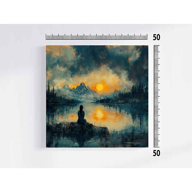 Obraz Na Plátně Canvas Krajina Hory Jezero Slunce Postava Meditace 50x50