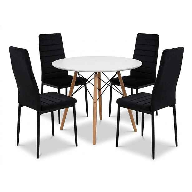 Stůl Kulatý Bílý 80 cm 4 Velurové židle Axell Černé