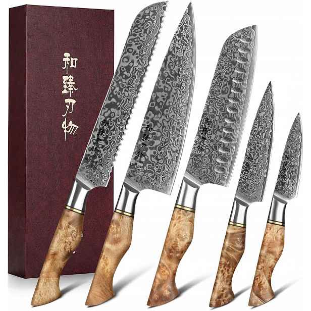 Nože Hezhen 5 kusů Santoku Damascus z 67vrstvé oceli