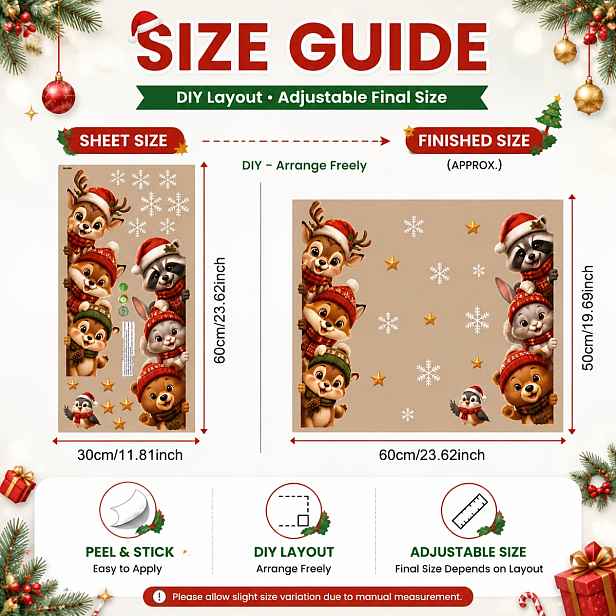 TEMU 1 ks 30X60 cm Vánoční samolepka na okno s lesních zvířat, jelen, liška, veverka, mýval, králík, tučňák, medvěd, Santa Claus, čepice, šátek,