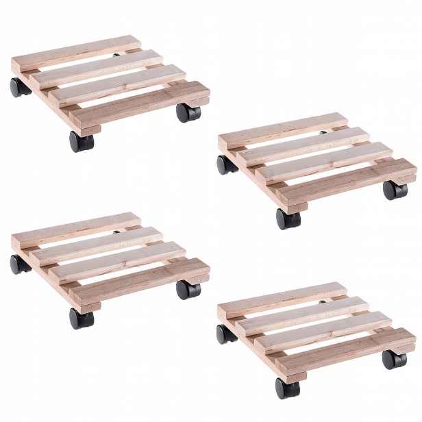 Podstavec Pod Květináč Dřevěný Čtverec Na Kolečkách 30 cm Set 4ks