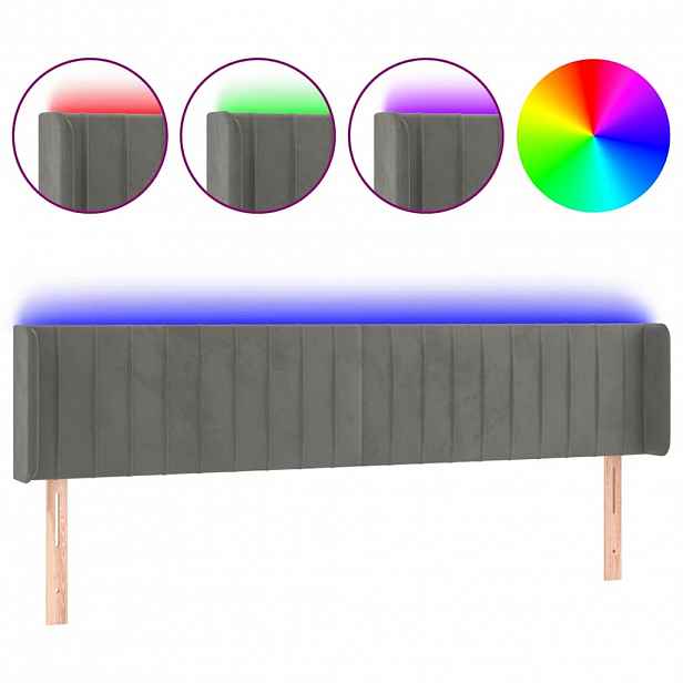 vidaXL Čelo postele s LED světle šedé 203 x 16 x 78/88 cm samet