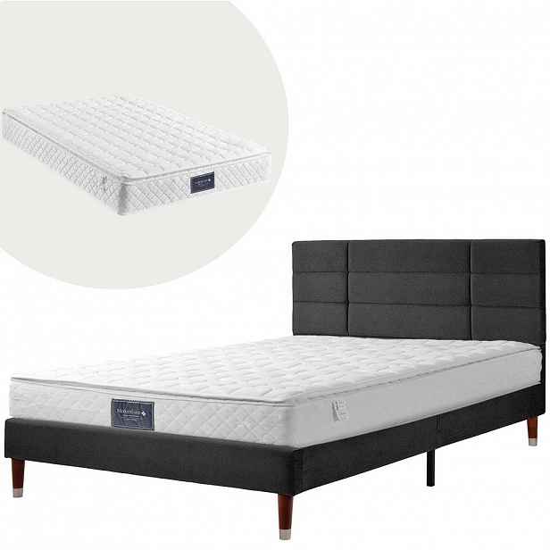 Modfu ČALOUNĚNÁ postel z masivního dřeva 140x200 cm černá s lamelovým roštem a pružinovou matrací, s úložným prostorem