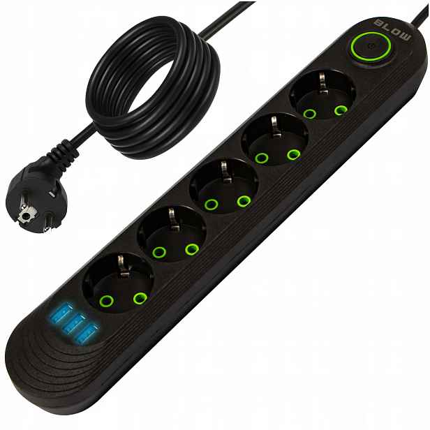 2x Prodlužovací Kabel Zásuvková Lišta Vypínač 3x Usb 5 Zásuvek 5 m Uzemnění