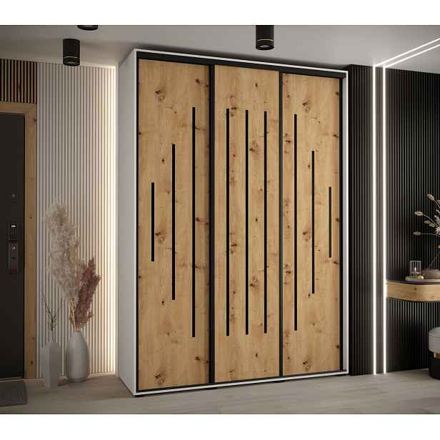 Šatní skříň YVONA 12 - 180/45 cm, bílá / dub artisan / černá