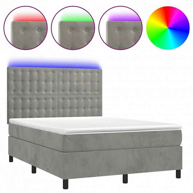 vidaXL Box spring postel s matrací a LED světle šedá 140x190 cm samet