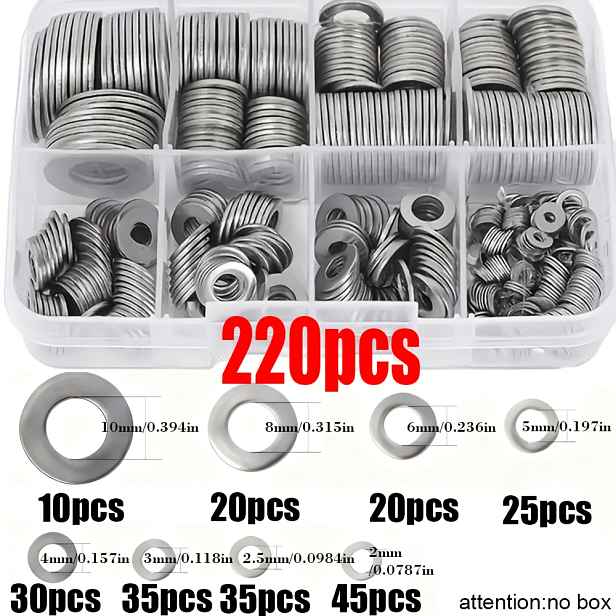TEMU 220 ks sada nerezových podložek, velikosti M2-M10, leštěné, odolné, snadná instalace, ideální pro kutily/mechaniku/elektroniku, profesionály a