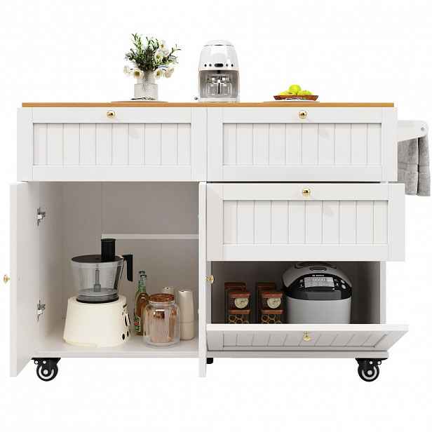 OKWISH KUCHYŇSKÝ vozík 133/37,3/88 cm bílý z MDF s úložným prostorem a kolečky