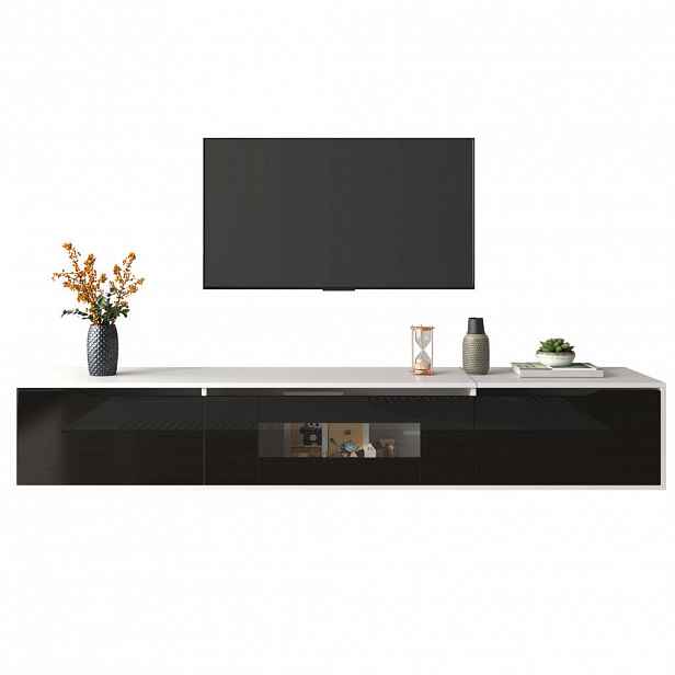 OKWISH TV stolek 180/35/30 cm bílá s černým vysokým leskem z dřevotřísky s LED osvětlením