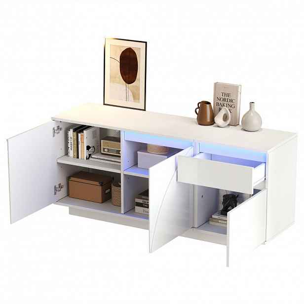 STILVORA KUCHYŇSKÁ SKŘÍŇ bílá ve vysokém lesku se 3 skříňkami a LED osvětlením, do obýváku, 140×40×60 cm