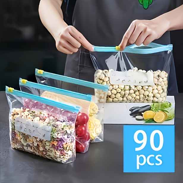 TEMU 90 ks Uzavíratelných sáčků na potraviny ve 3 velikostech - Opakovaně použitelné sáčky na zip | Odolný design zipu | Potravinářský materiál |